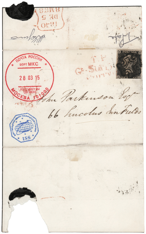 Lot 218 ISS Flown Cover with 1840 'Penny Black' Postage Stamp, Signed by Tim Peake and Mikhail Korniyenko