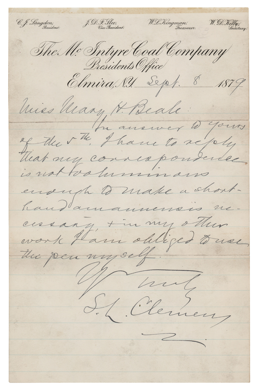 Lot 333 Samuel L. Clemens Autograph Letter Signed, Declining a Secretary's Application: 