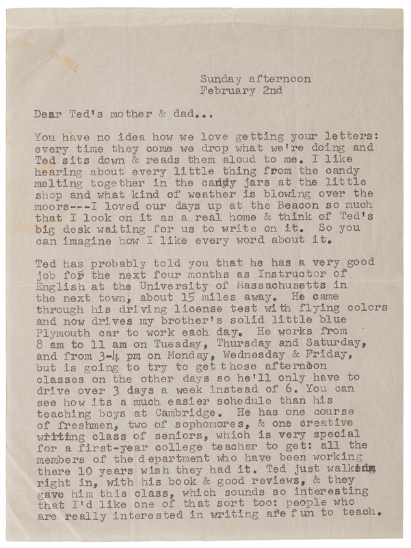 Lot 349 Sylvia Plath Typed Letter Signed to Ted Hughes's Parents, on Their Work in American Academia: 