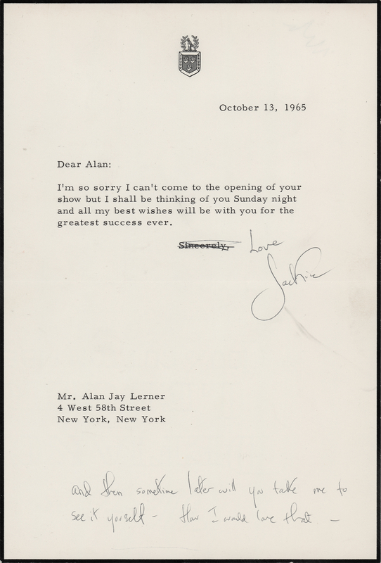 Lot 49 Jacqueline Kennedy Typed Letter Signed to Camelot Lyricist Alan Jay Lerner