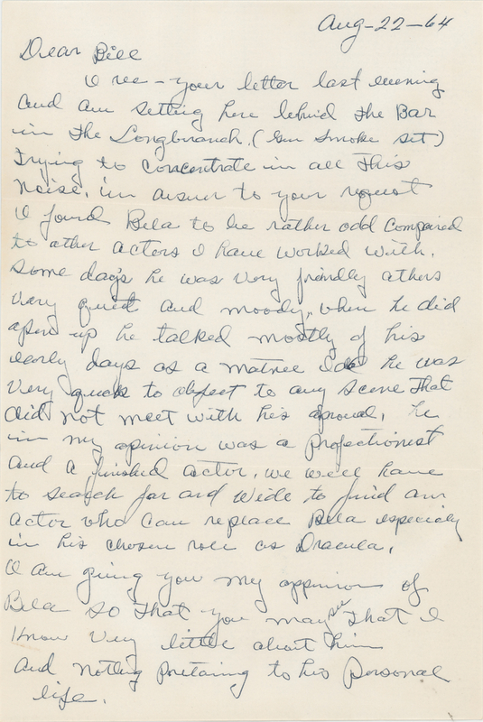 Lot 638 Glenn Strange Autograph Letter Signed on Bela Lugosi: 
