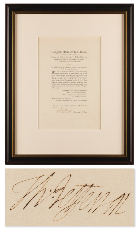 Lot 1 Thomas Jefferson Document Signed as Secretary of State - Act of Congress Permitting Maryland to Collect Baltimore Port Fees