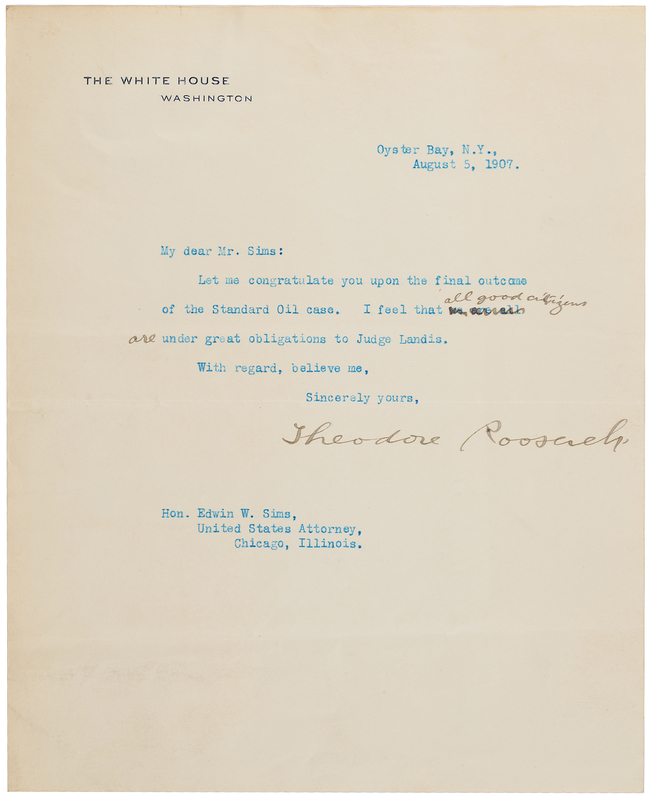 Lot 10 Theodore Roosevelt Typed Letter Signed as President on the Historic 1907 Standard Oil Fine - 