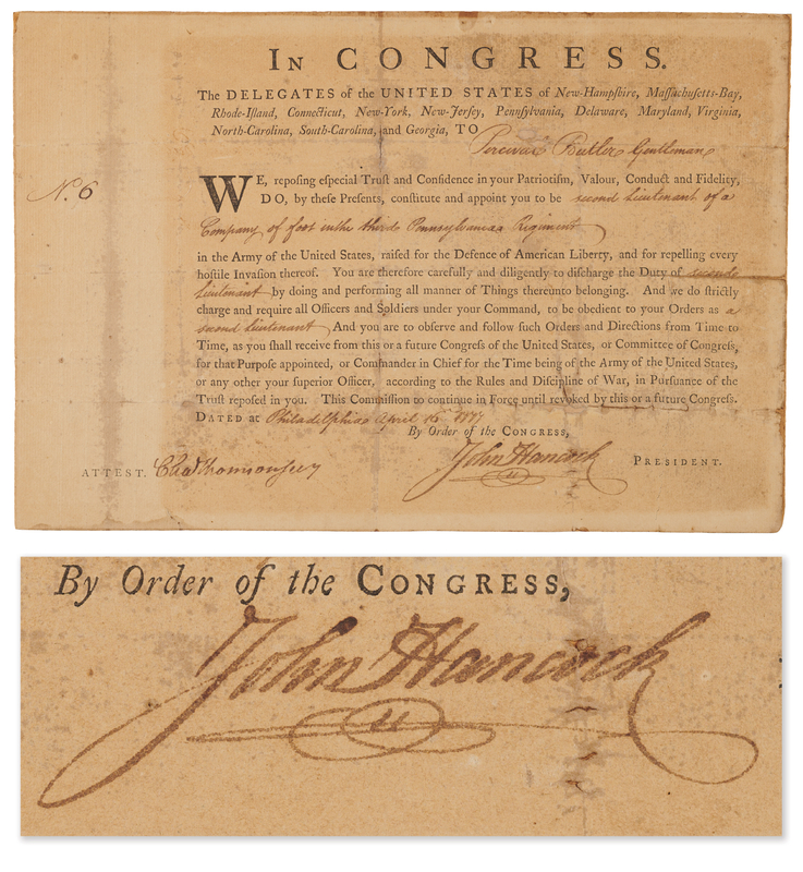 Lot 78 John Hancock Revolutionary War-Dated Document Signed, Appointing a Second Lieutenant in the Continental Army