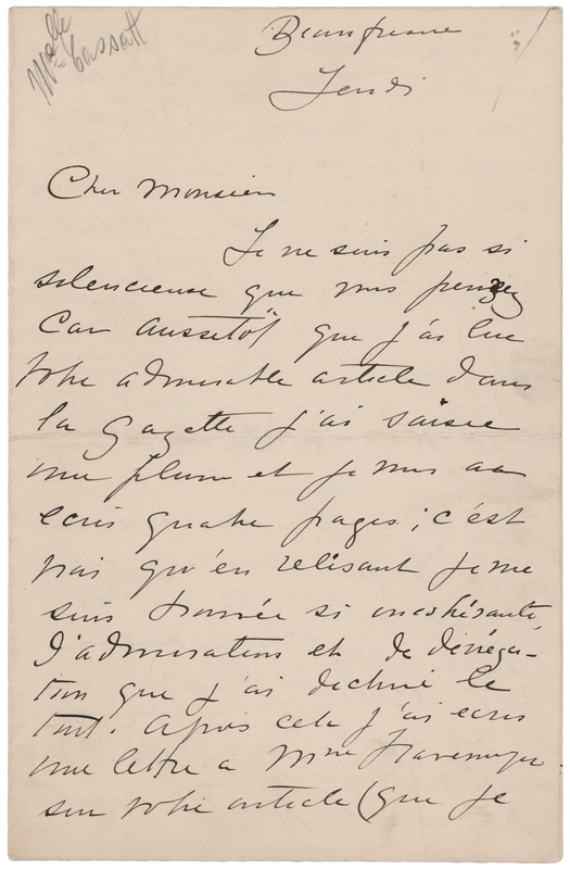 Lot 235 Mary Cassatt Autograph Letter Signed, Remarking on Cezanne, Degas, Monet, and Toulouse-Lautrec: 
