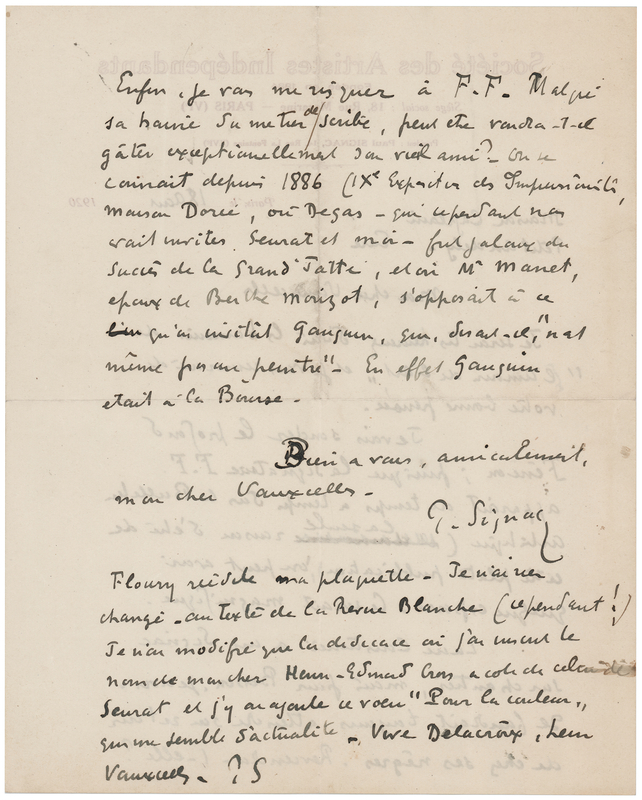 Lot 288 Paul Signac (3) Autograph Letters Signed, Chronicling Disagreements Between Degas, Manet, and Gauguin at the 1886 Impressionist Exhibition