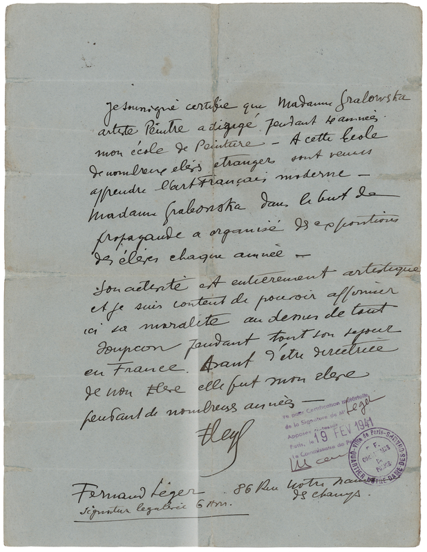 Lot 279 Fernand Leger Autograph Document Signed, Certifying His Future Wife's Work as an Artist in Occupied Paris