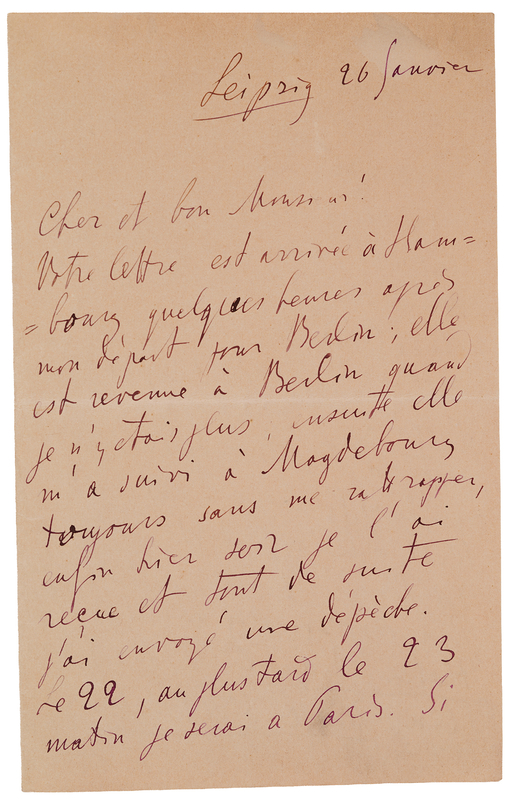 Lot 408 Pyotr Ilyich Tchaikovsky Autograph Letter Signed, Concerning Travel Arrangements for His First Conducting Tour of Western Europe