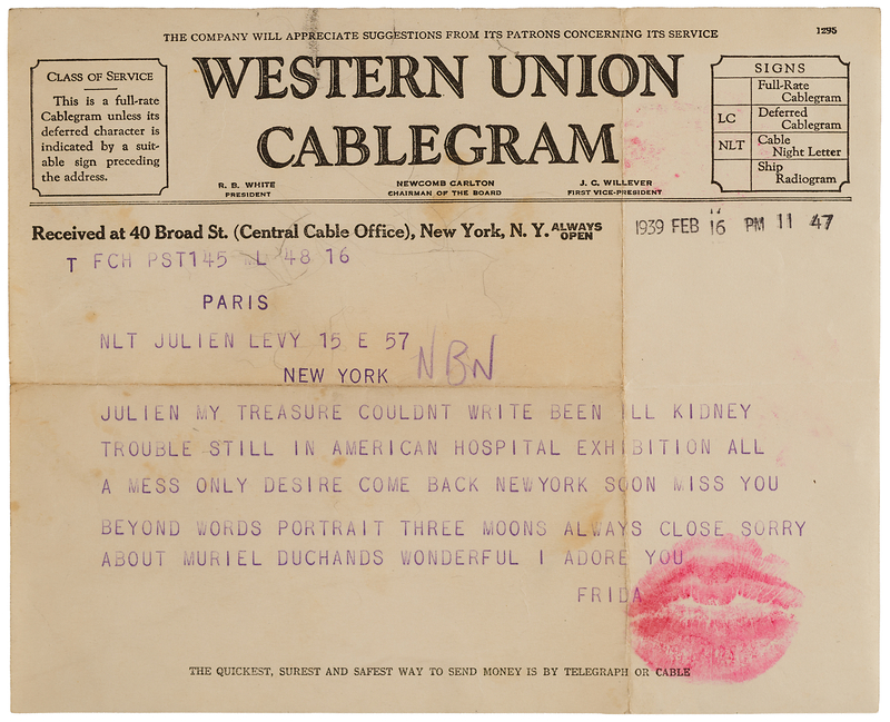 Lot 243 Frida Kahlo Original Telegram to Julien Levy, with Lipstick Mark