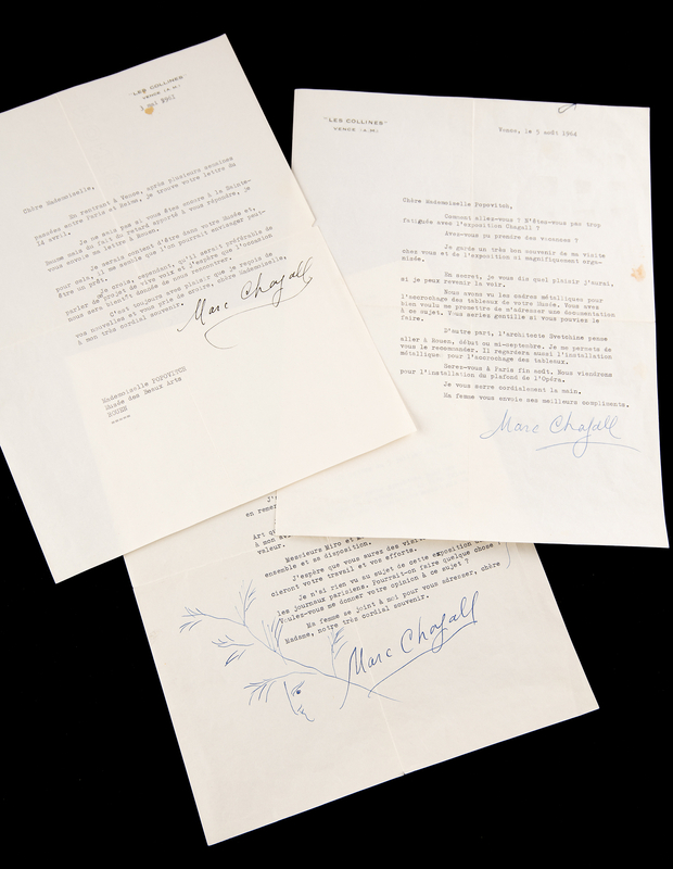 Lot 236 Marc Chagall (3) Typed Letters Signed, with an Original Sketch, on Exhibitions in Reims and Rouen: 