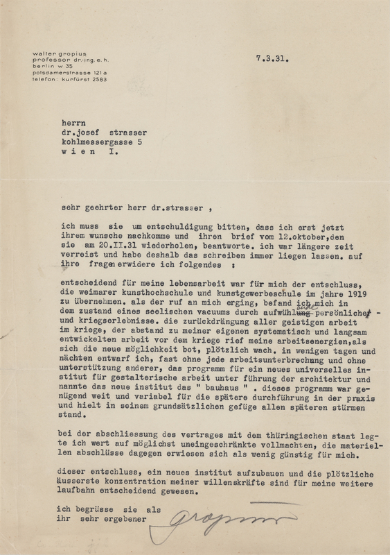 Lot 273 Walter Gropius Typed Letter Signed, Discussing His Founding of the Bauhaus School