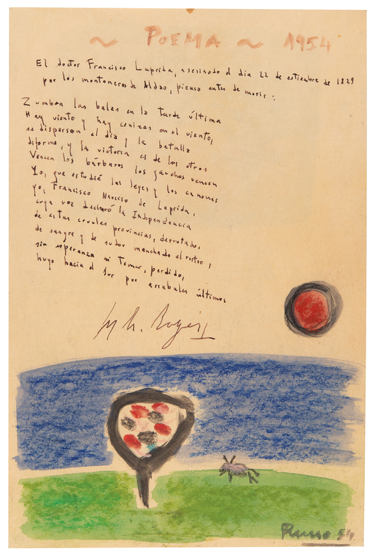 Lot 328 Jorge Luis Borges Autograph Poem Signed with Original Artwork by Raul Russo