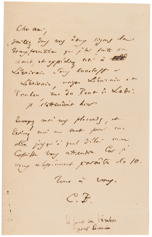 Lot 327 Charles Baudelaire Autograph Letter Signed, Sending a Manuscript for Correction