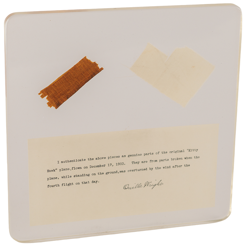 Lot 188 Wright Brothers Flown Fragment Display - From the Collection of the Probate Judge Who Delivered the Wright Flyer to the Smithsonian