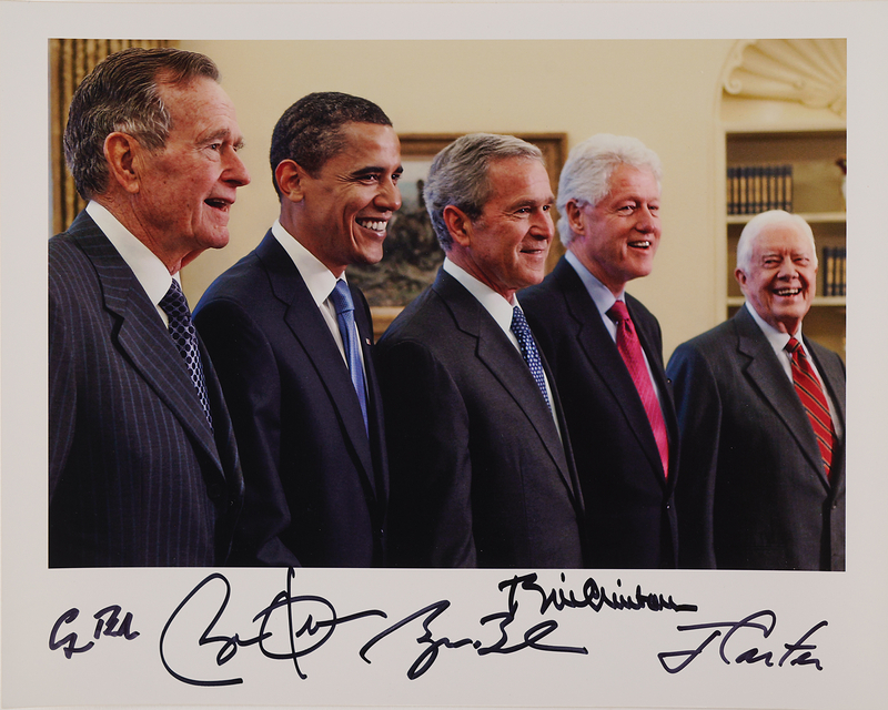 Lot 15 Five Presidents Signed Photograph - Barack Obama, George W. Bush, George Bush, Bill Clinton, and Jimmy Carter