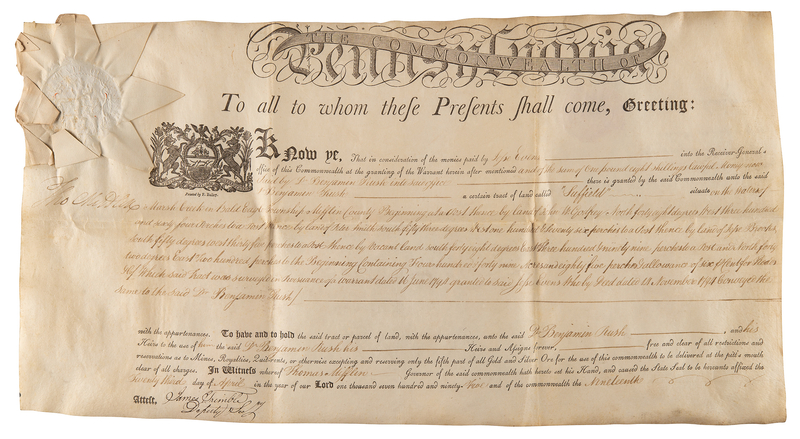 Lot 149 Thomas Mifflin Document Signed as Governor of Pennsylvania - Conveying a Land Grant to a Fellow Founding Father - 