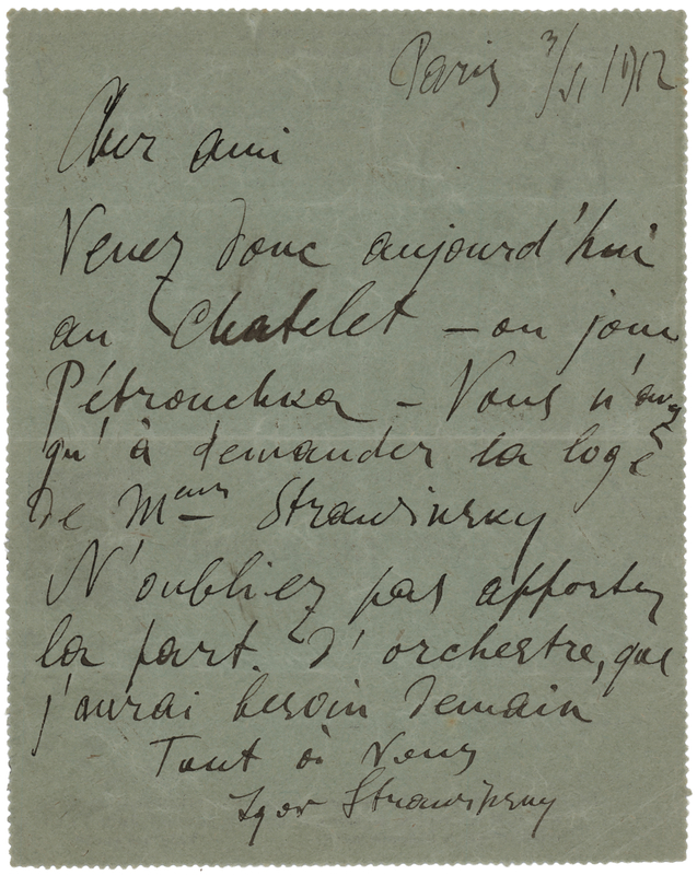 Lot 407 Igor Stravinsky Early Autograph Letter Signed on His Musical Breakthrough, Petrushka
