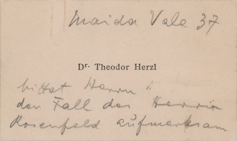 Lot 85 Theodor Herzl Autograph Note on His Personal Visitor's Card - Dated to the Fourth Zionist Congress (August 1900)