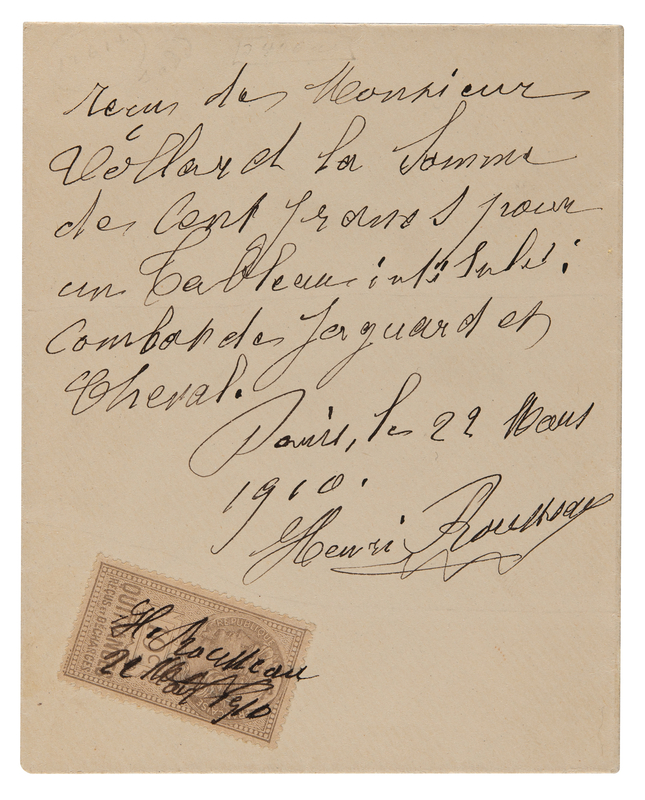 Lot 253 Henri Rousseau Autograph Document Signed for the Sale of a Painting, 'Jaguar Attacking a Horse'