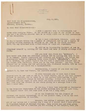 Lot #519 Harry Houdini Typed Letter Signed on Exposing Mediums - Image 1