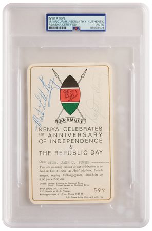 Lot #97 Martin Luther King, Jr. and Ralph Abernathy Signed 'Kenyan Anniversary' Invitation (December 13, 1964) - Three Days After Receiving the Nobel Peace Prize - Image 1
