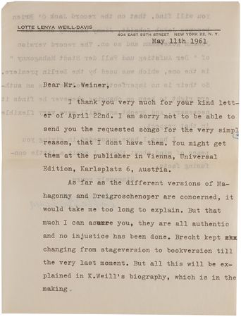 Lot #601 Lotte Lenya Typed Letter Signed on Mahagonny: 