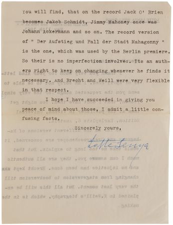 Lot #601 Lotte Lenya Typed Letter Signed on Mahagonny: 
