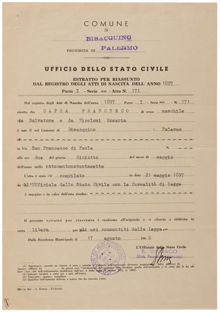 Lot #553 Frank Capra's Birth Certificate - Image 1