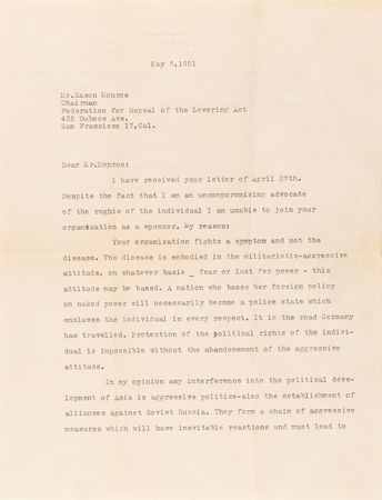 Lot #111 Albert Einstein Typed Letter Signed on McCarthyism and Cold War Aggression: 