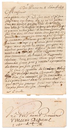 Lot #95 Saint Vincent de Paul Letter Signed, with Autograph Postscript: 