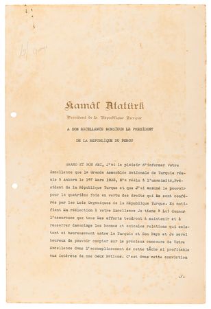 Lot #123 [Mustafa Kemal Ataturk] Official Letter of State to the President of Peru, Announcing His Re-election as President of Turkey - Image 1