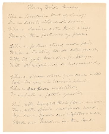 Lot #374 Julia Ward Howe Autograph Manuscript Signed for a Poem Honoring Henry Ward Beecher - Image 1