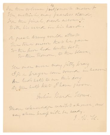 Lot #374 Julia Ward Howe Autograph Manuscript Signed for a Poem Honoring Henry Ward Beecher - Image 4