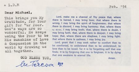 Lot #150 Mother Teresa Typed Letter Signed - Image 1