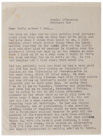Lot #349 Sylvia Plath Typed Letter Signed to Ted Hughes's Parents, on Their Work in American Academia: 