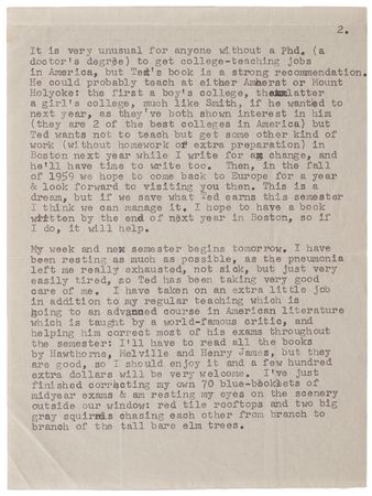 Lot #349 Sylvia Plath Typed Letter Signed to Ted Hughes's Parents, on Their Work in American Academia: 