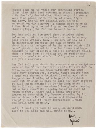 Lot #349 Sylvia Plath Typed Letter Signed to Ted Hughes's Parents, on Their Work in American Academia: 