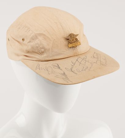 Lot #67 Ronald Reagan and Friends (Jimmy Stewart, Wilbur Shaw, Jack Dempsey) Signed Cap - Image 1