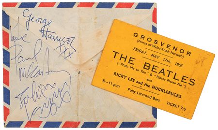 Lot #417 Beatles: John Lennon, George Harrison, and Paul McCartney Signatures - Obtained at the Grosvenor Rooms in Norwich, England (May 17, 1963) - Image 1