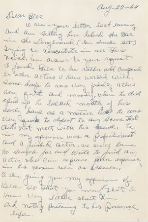 Lot #638 Glenn Strange Autograph Letter Signed on Bela Lugosi: 