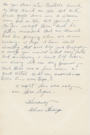 Lot #638 Glenn Strange Autograph Letter Signed on Bela Lugosi: 
