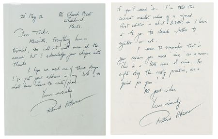 Lot #323 Richard Adams (2) Autograph Letters Signed and Signed Book - Watership Down - Image 5