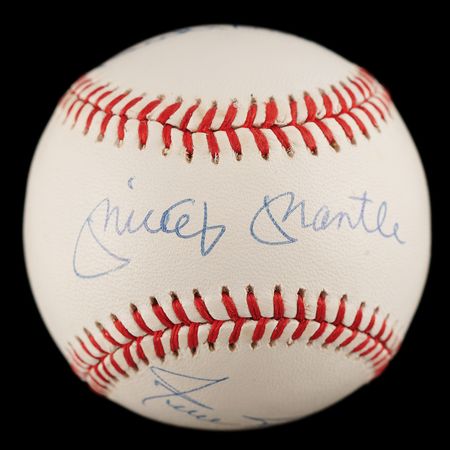 Lot #674 Mickey Mantle, Willie Mays, and Duke Snider Signed Baseball - Image 1