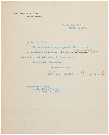 Lot #10 Theodore Roosevelt Typed Letter Signed as President on the Historic 1907 Standard Oil Fine - 