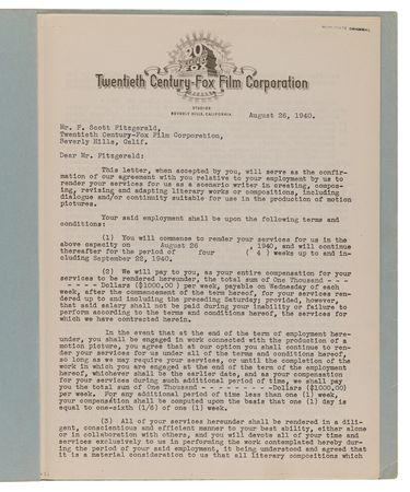 Lot #336 F. Scott Fitzgerald Document Signed - Fitzgerald's Last Movie Contract with Twentieth-Century Fox - Image 3
