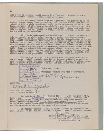 Lot #336 F. Scott Fitzgerald Document Signed - Fitzgerald's Last Movie Contract with Twentieth-Century Fox - Image 6