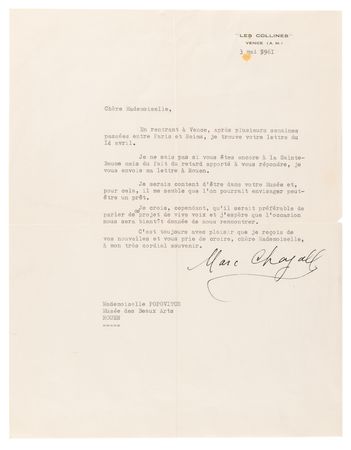 Lot #236 Marc Chagall (3) Typed Letters Signed, with an Original Sketch, on Exhibitions in Reims and Rouen: 