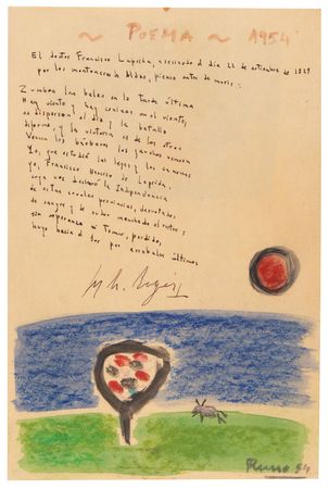 Lot #328 Jorge Luis Borges Autograph Poem Signed with Original Artwork by Raul Russo - Image 1