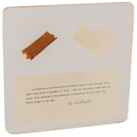 Lot #188 Wright Brothers Flown Fragment Display - From the Collection of the Probate Judge Who Delivered the Wright Flyer to the Smithsonian - Image 1
