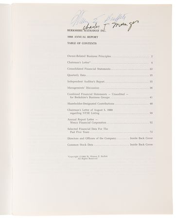 Lot #101 Warren Buffett and Charlie Munger Signed 1988 Berkshire Hathaway Annual Report - Image 4